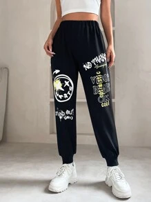 SHEIN PETITE 卡通臉和字母圖案彈性腰帶衛褲 - 黑色 - 查看 1