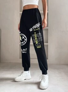 SHEIN PETITE 卡通臉和字母圖案彈性腰帶衛褲 - 黑色 - 查看 3