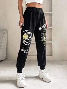 SHEIN PETITE 卡通臉和字母圖案彈性腰帶衛褲 - 黑色 - 查看 4