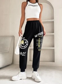 SHEIN PETITE 卡通臉和字母圖案彈性腰帶衛褲 - 黑色 - 查看 5