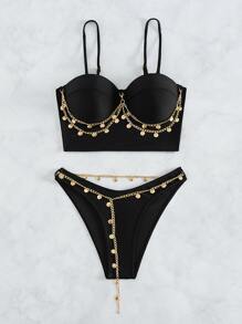 Chain Linked Push Up Bikini Set Summer Beach - Black - View 3