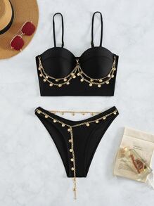 Chain Linked Push Up Bikini Set Summer Beach - Black - View 4