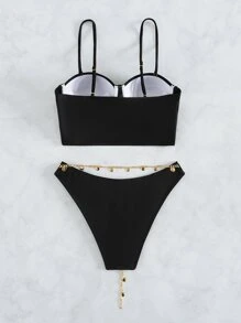 Chain Linked Push Up Bikini Set Summer Beach - Black - View 5