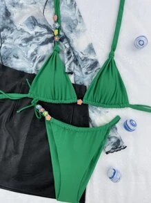 Floral Applique Triangle Thong Summer Beach Bikini Set - Green - View 3