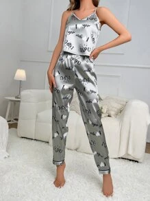Slogan & Heart Print Satin PJ Set - Silver - View 5
