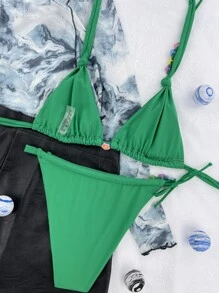 Floral Applique Triangle Thong Summer Beach Bikini Set - Green - View 4