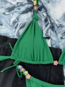 Floral Applique Triangle Thong Summer Beach Bikini Set - Green - View 6