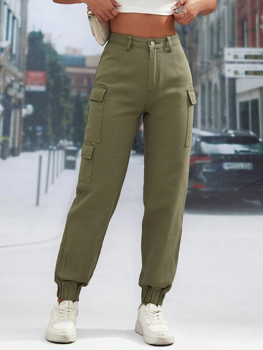 Flap Pocket Cargo Jeans - Army Green - View 1