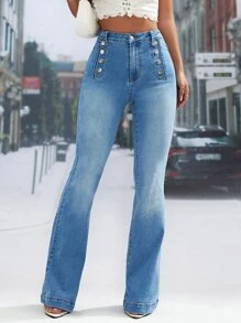 Button Detail Flare Leg Jeans - Medium Wash - View 3