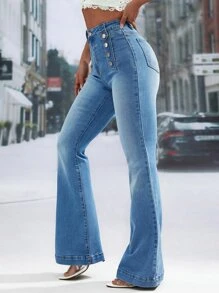 Button Detail Flare Leg Jeans - Medium Wash - View 4