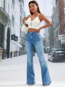 Button Detail Flare Leg Jeans - Medium Wash - View 6