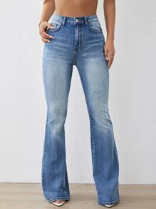 SHEIN Essnce Cat Whisker Flare Leg Jeans - Dark Wash - View 3