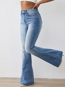 SHEIN Essnce Cat Whisker Flare Leg Jeans - Dark Wash - View 4