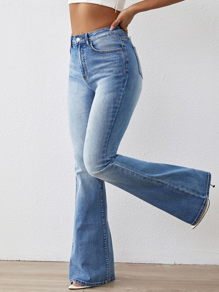 SHEIN Essnce Cat Whisker Flare Leg Jeans - Dark Wash - View 4
