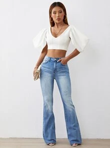 SHEIN Essnce Cat Whisker Flare Leg Jeans - Dark Wash - View 5