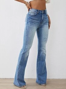 SHEIN Essnce Cat Whisker Flare Leg Jeans - Dark Wash - View 2