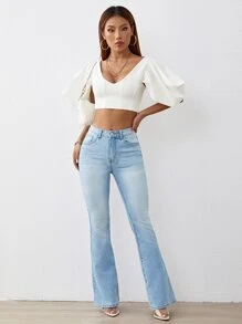 Slant Pocket Flare Leg Jeans - Light Wash - View 4