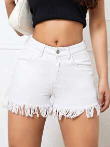 Fringe Hem Denim Shorts - White - View 1