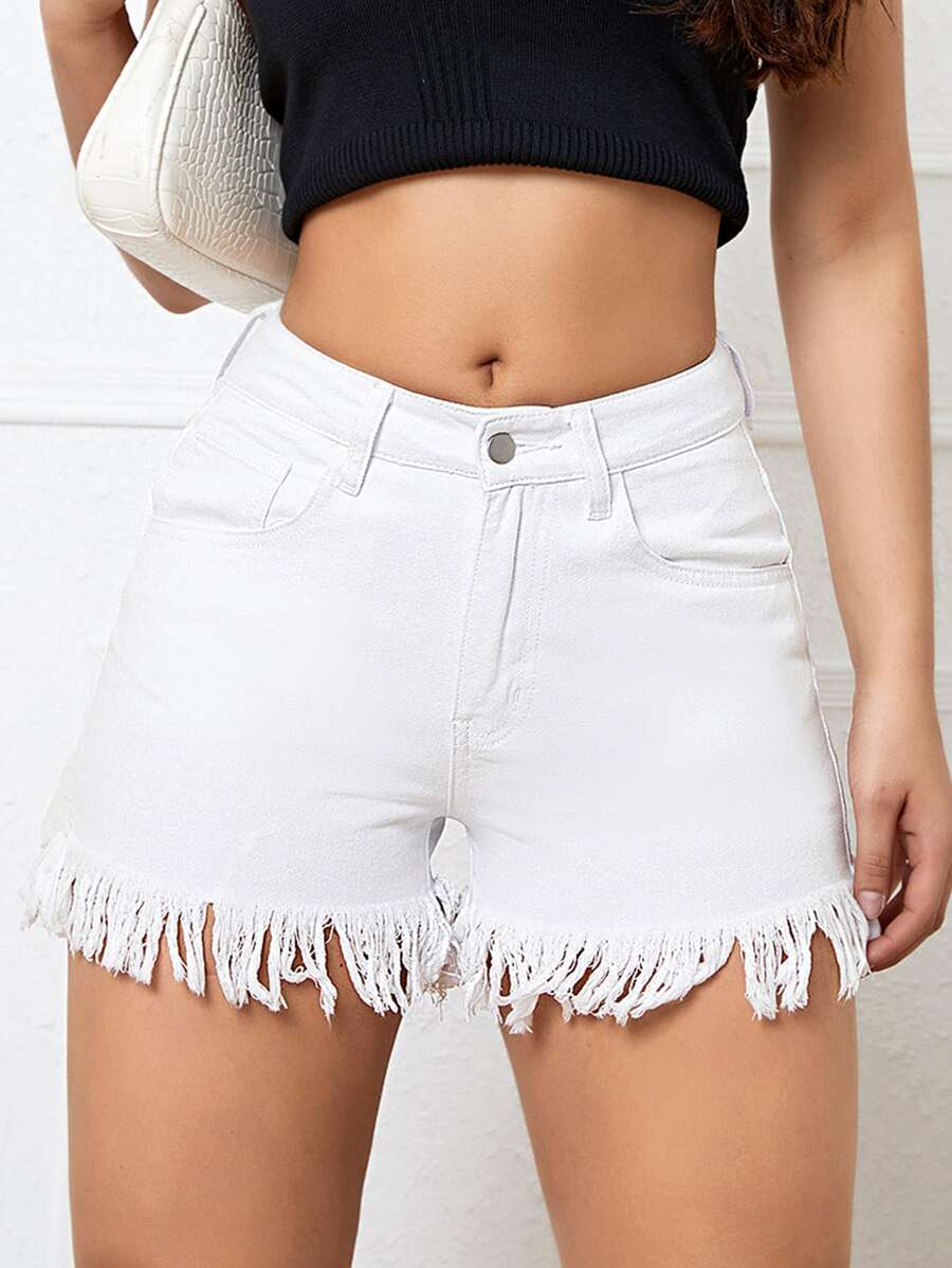 Fringe Hem Denim Shorts - White - View 1