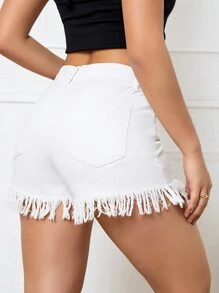 Fringe Hem Denim Shorts - White - View 2