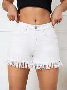 Fringe Hem Denim Shorts - White - View 4