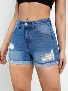 Ripped Roll Up Hem Denim Shorts - Medium Wash - View 1