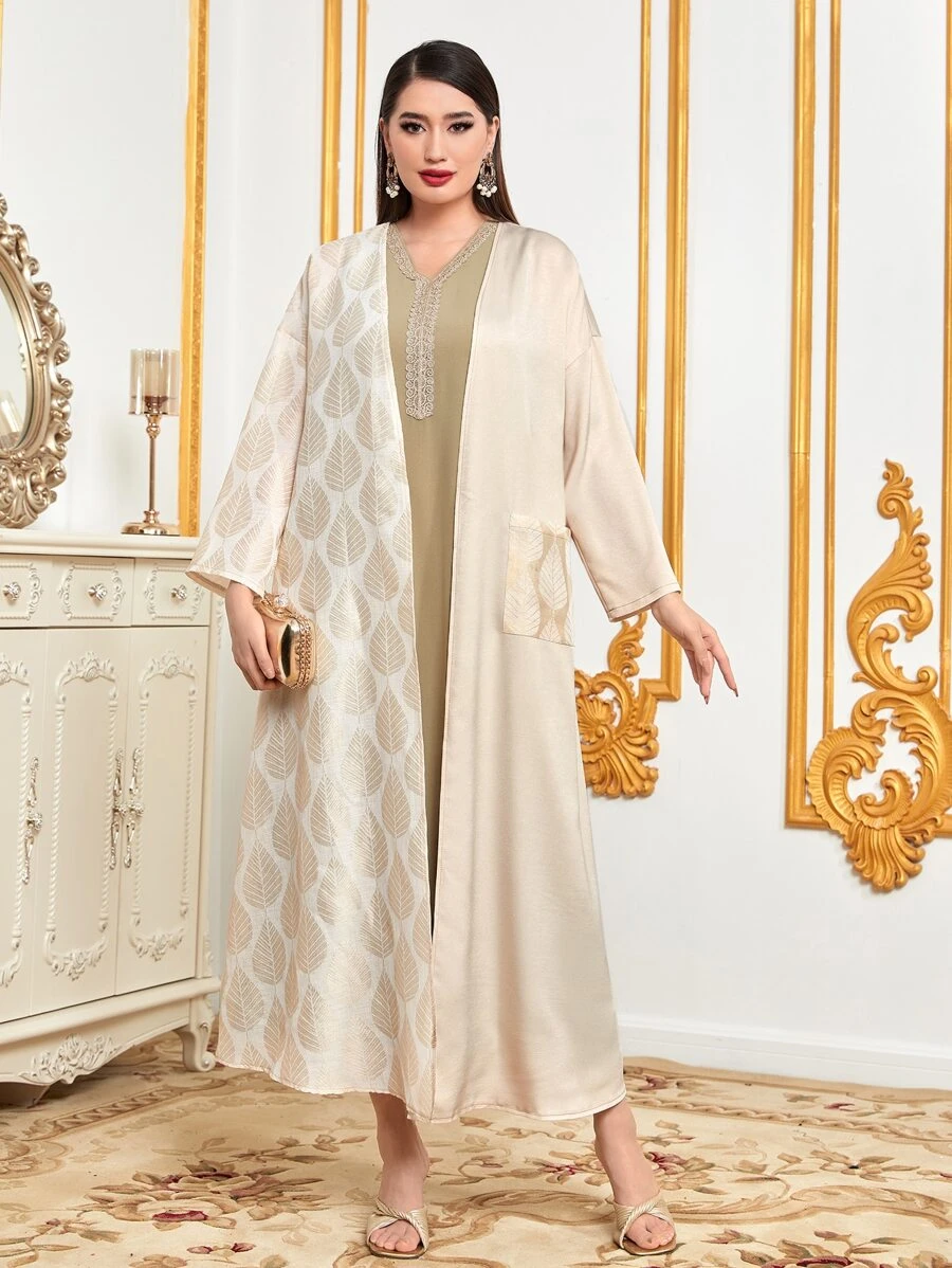 Al Najma Leaf Print Drop Shoulder Abaya - Apricot - View 1