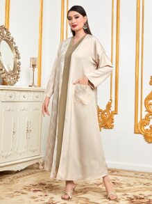 Al Najma Leaf Print Drop Shoulder Abaya - Apricot - View 3