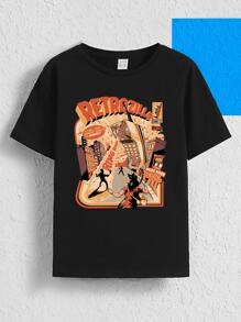 Ilustrata 艺术家 Tween Boys 字母和卡通图案 T 恤，适合夏季、节日、新年、感恩节 - 黑色 - 查看 1