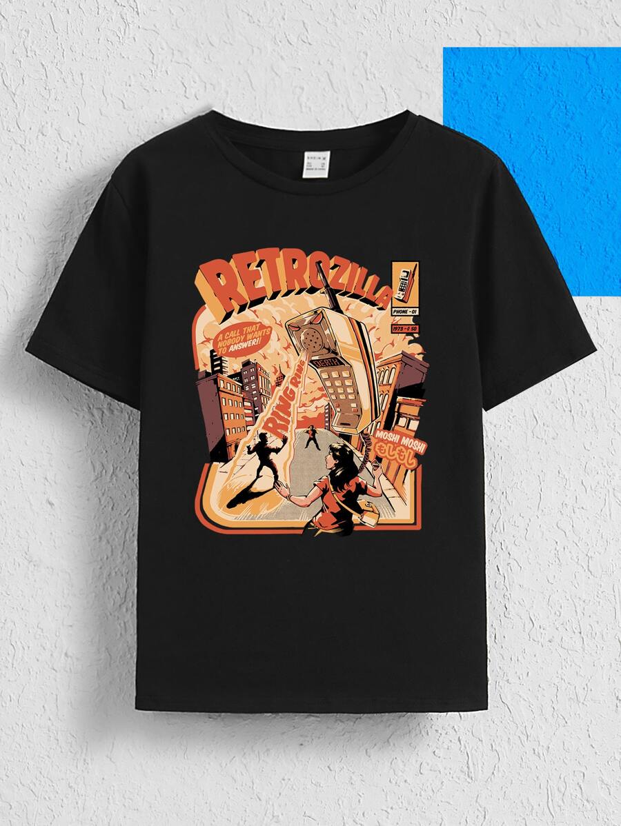 Ilustrata 艺术家 Tween Boys 字母和卡通图案 T 恤，适合夏季、节日、新年、感恩节 - 黑色 - 查看 1