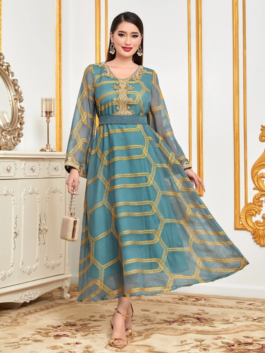 Al Najma Geo Embroidery Contrast Mesh Dress - Cadet Blue - View 1
