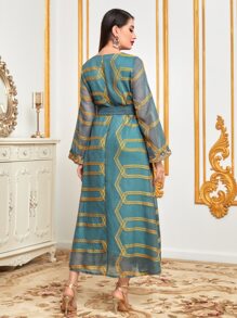 Al Najma Geo Embroidery Contrast Mesh Dress - Cadet Blue - View 2