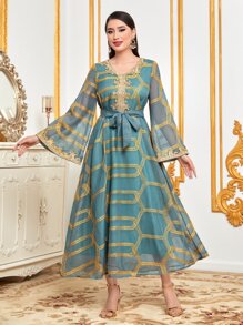 Al Najma Geo Embroidery Contrast Mesh Dress - Cadet Blue - View 3