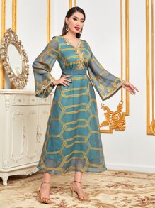 Al Najma Geo Embroidery Contrast Mesh Dress - Cadet Blue - View 4