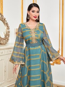 Al Najma Geo Embroidery Contrast Mesh Dress - Cadet Blue - View 5