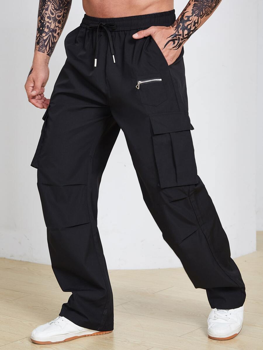 Manfinity Homme Pantalones Cargo Holgados De Talla Grande Para Hombres Con Cordón En La Cintura Y Bolsillos Con Solapa - Negro - Ver 1