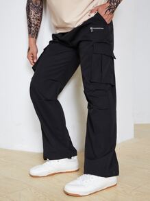 Manfinity Homme Pantalones Cargo Holgados De Talla Grande Para Hombres Con Cordón En La Cintura Y Bolsillos Con Solapa - Negro - Ver 3
