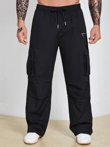 Manfinity Homme Pantalones Cargo Holgados De Talla Grande Para Hombres Con Cordón En La Cintura Y Bolsillos Con Solapa - Negro - Ver 4