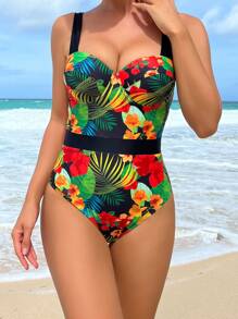 Tropical Print Push Up One Piece Swimsuit - Multicolor - View 1
