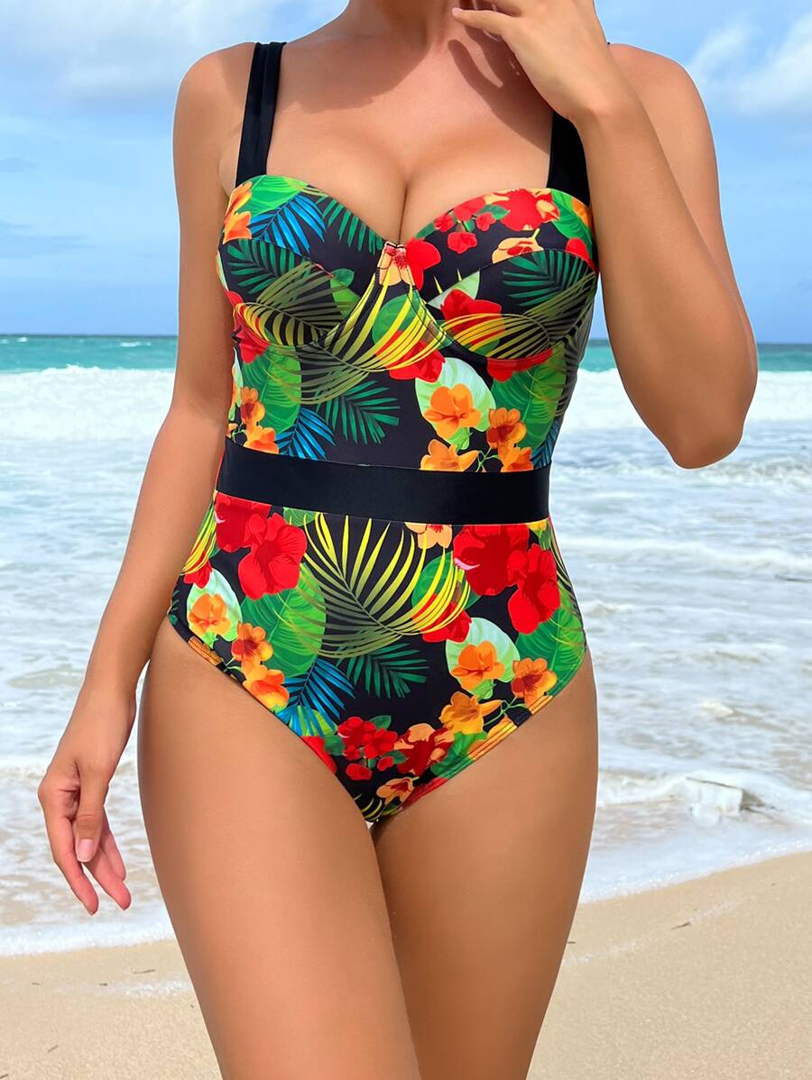 Tropical Print Push Up One Piece Swimsuit - Multicolor - View 1