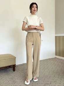 DAZY High Waist Slant Pockets Suit Trousers - Khaki - View 3