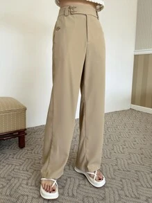 DAZY High Waist Slant Pockets Suit Trousers - Khaki - View 8