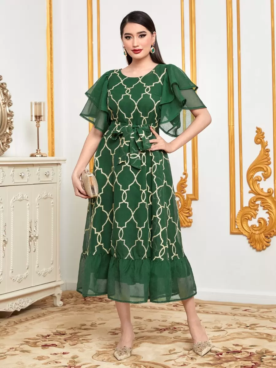 Al Najma Vestido con cinturón con estampado geométrico ribete con fruncido - Verde Oscuro - Ver 1