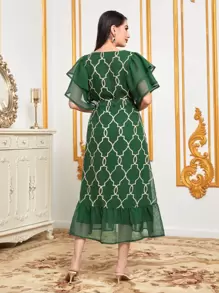 Al Najma Vestido con cinturón con estampado geométrico ribete con fruncido - Verde Oscuro - Ver 2
