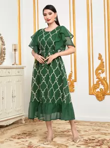 Al Najma Vestido con cinturón con estampado geométrico ribete con fruncido - Verde Oscuro - Ver 3