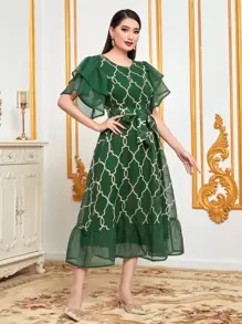 Al Najma Vestido con cinturón con estampado geométrico ribete con fruncido - Verde Oscuro - Ver 4