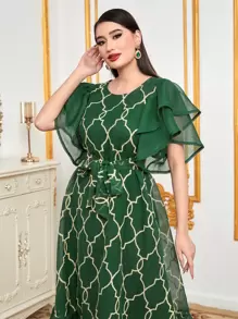 Al Najma Vestido con cinturón con estampado geométrico ribete con fruncido - Verde Oscuro - Ver 5