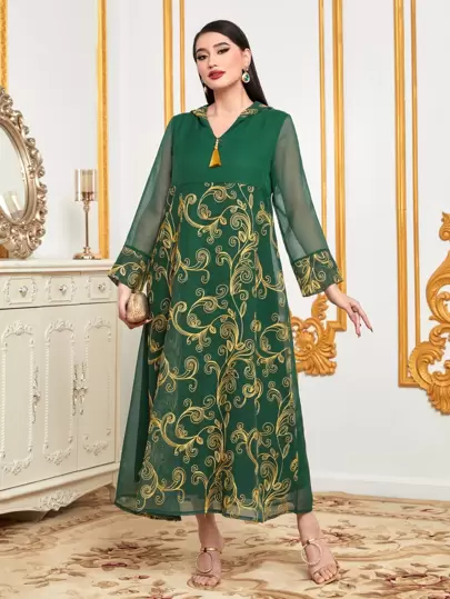 Al Najma Floral Print Tassel Detail Hooded Dress