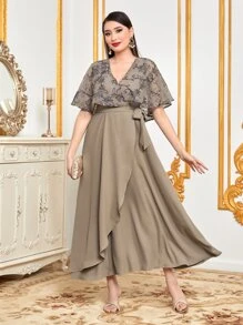 Al Najma Floral Embroidery Wrap Belted Dress - Khaki - View 1