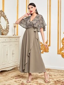 Al Najma Floral Embroidery Wrap Belted Dress - Khaki - View 3